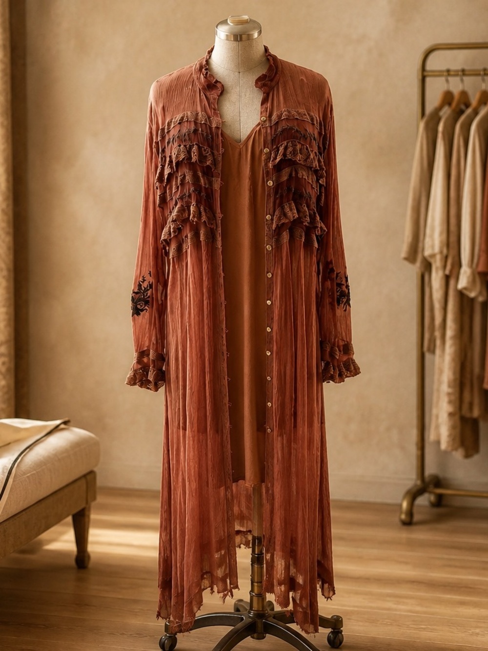 Elegant Mauve Free People Maxi button down Dress with Ruffle Detail & Slip. NWOT - Picture 4 of 8